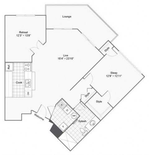 A floor plan of a house with a lounge, bedrooms, and a kitchen.